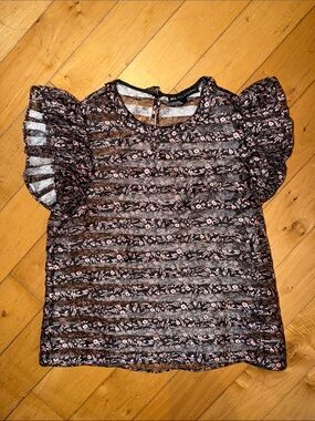 Jill Stuart Black Floral Stripe Ruffle Sleeve Top